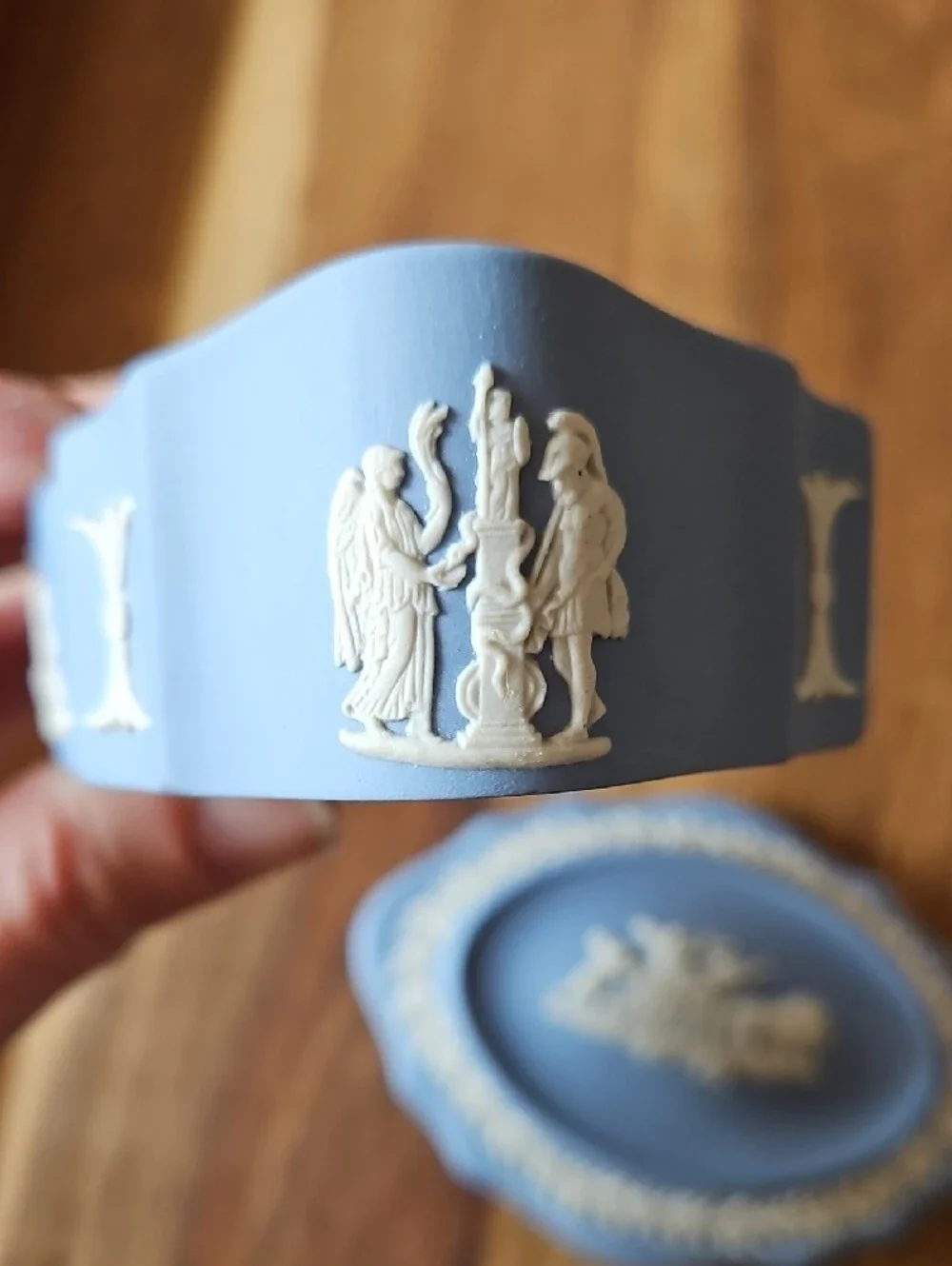 Wedgwood Jasperware Blue & White Neoclassical Long Lidded Trinket Dish Vessel